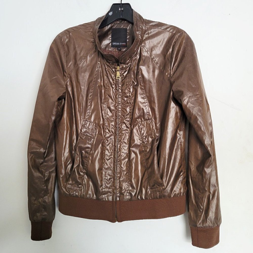 Dressed To Kill Bomber Short Sports Full Zip Long Sleeve Brown Jacket Size Small